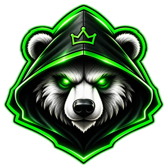 Медведь Lucky Bear в чёрном капюшоне с зелёной короной